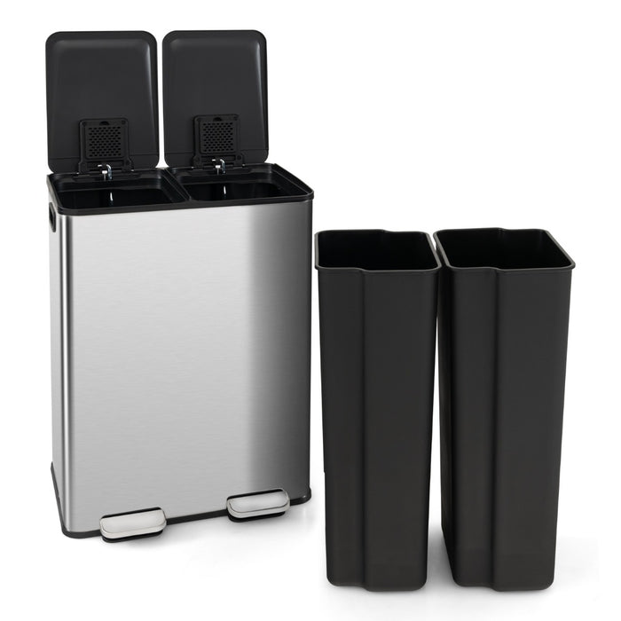 Deodorizing Dual-Chambered Trash Bin - Silver Waste Can with Soft-Closure Lids - Ideal for Homes and Offices Seeking Odor Control