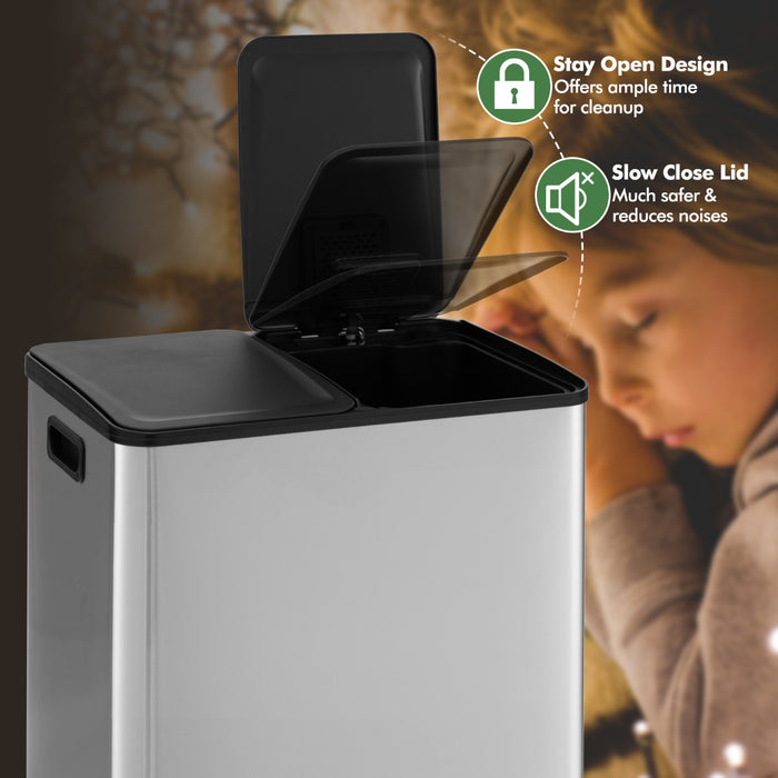 Deodorizing Dual-Chambered Trash Bin - Silver Waste Can with Soft-Closure Lids - Ideal for Homes and Offices Seeking Odor Control