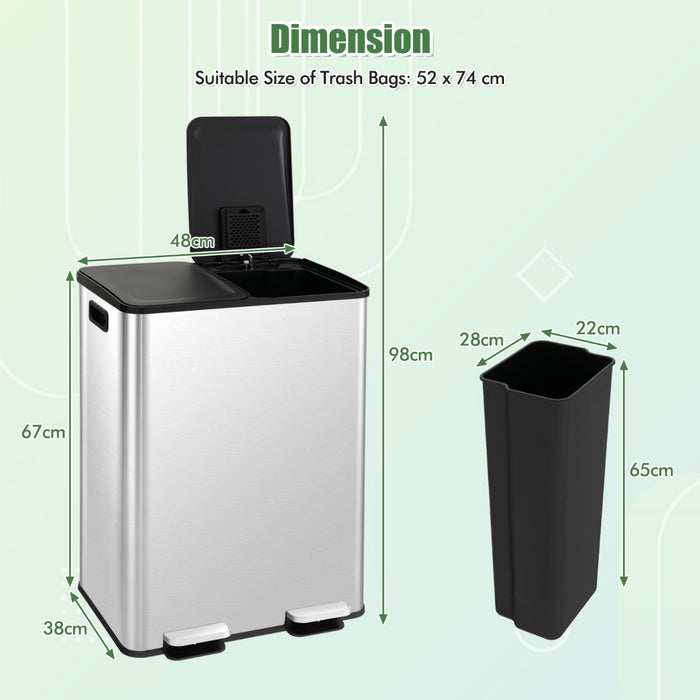 Deodorizing Dual-Chambered Trash Bin - Silver Waste Can with Soft-Closure Lids - Ideal for Homes and Offices Seeking Odor Control