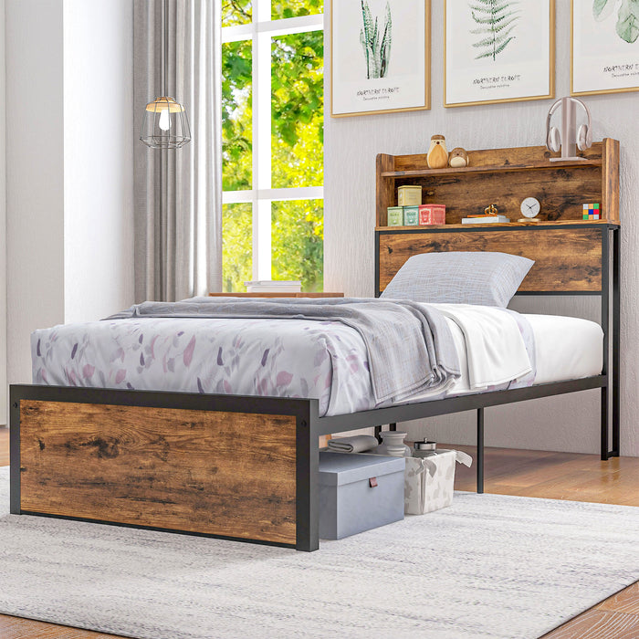 Industrial-Style Single Bed Frame - 3.1FT Steel Base with Storage Headboard and Footboard, Ample Under Bed Space - Ideal for Space-Saving & Rustic Brown Bedroom Decor