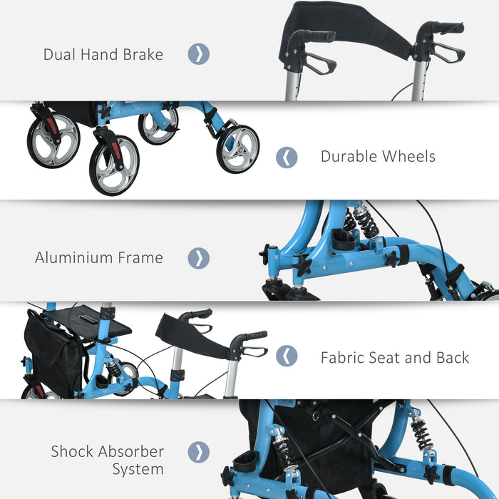 Lightweight 4-Wheel Rollator - Folding Mobility Walker with Seat, Large Wheels, and Carry Bag - Ideal for Seniors, Adjustable Height, Dual Brakes, in Blue