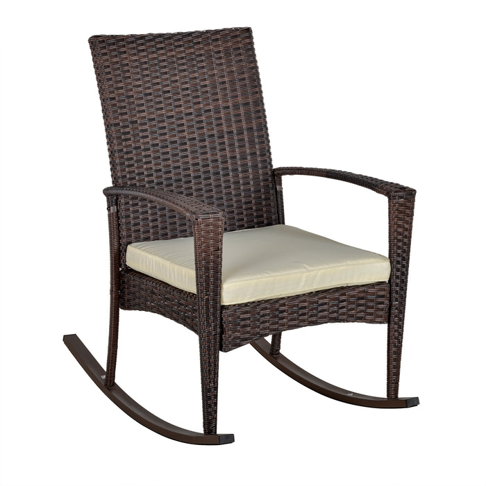 Rattan Rocking Chair - Patio Bistro Relaxer Seat with Wicker Weave and Cushion - Ideal for Garden Comfort and Outdoor Lounging, Brown