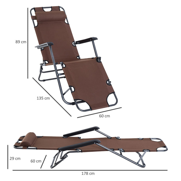 Sun Lounger with Pillow - 2-in-1 Folding Reclining Chair, Adjustable Back, Ideal for Garden and Camping - Comfort and Relaxation Outdoors in Brown