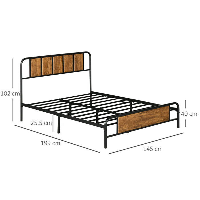 Double Bed Frame with Headboard and Footboard - Industrial-Style Steel Slat Base, Under-Bed Storage - Ideal for Rustic Bedroom Decor, 145 x 199cm