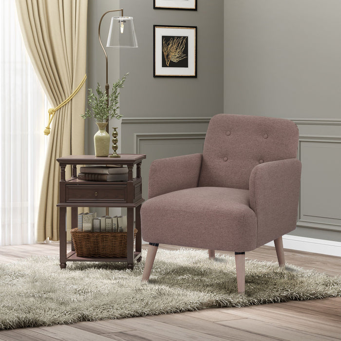 Upholstered Armchair with Birch Wood Legs - Plush Padded Seat & Buttoned Mid-Back Design in Light Brown - Ideal for Cozy Living Room Seating