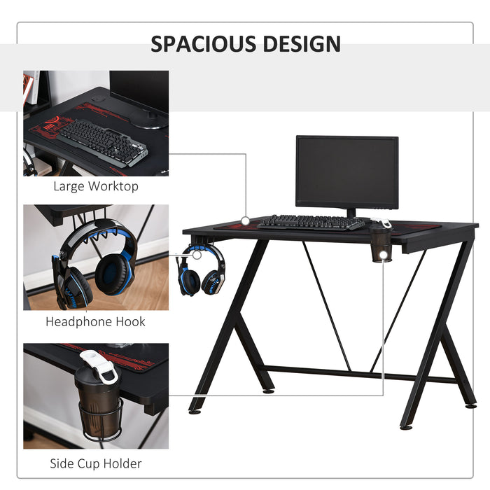 Gaming Desk with Sturdy Metal Frame - Ergonomic Computer Table with Cup Holder, Headphone Hook & Cable Management - Ideal for Gamers and Home Office Use