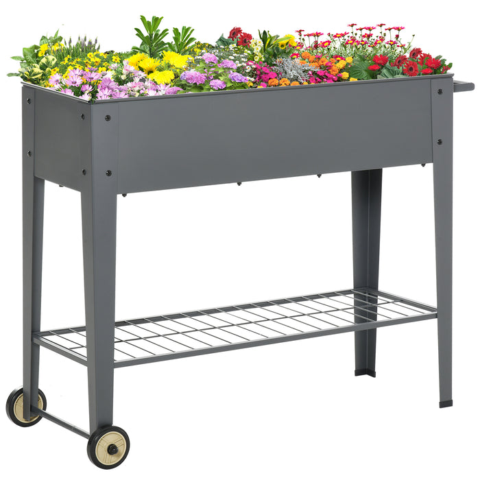 Mobile Raised Garden Bed on Wheels - Planter Flower Box with Bottom Storage Shelf, Grey, 104x39x80cm - Perfect for Patio Gardening and Urban Outdoor Spaces