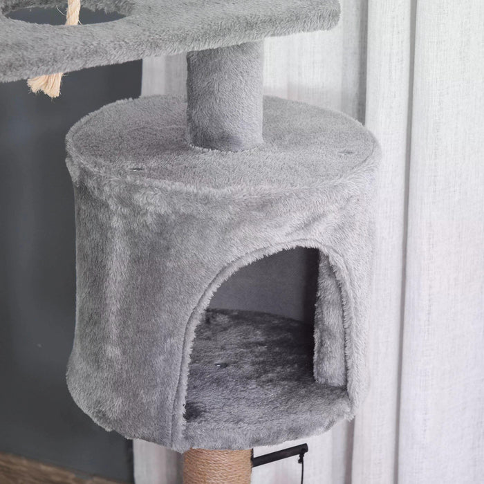 Luxury 120cm Jute Cat Tree - Scratching Post, Hammock, Perch, Hanging Ball, Teasing Rope, Condo Playhouse - Ideal for Cat's Play and Rest, Light Grey