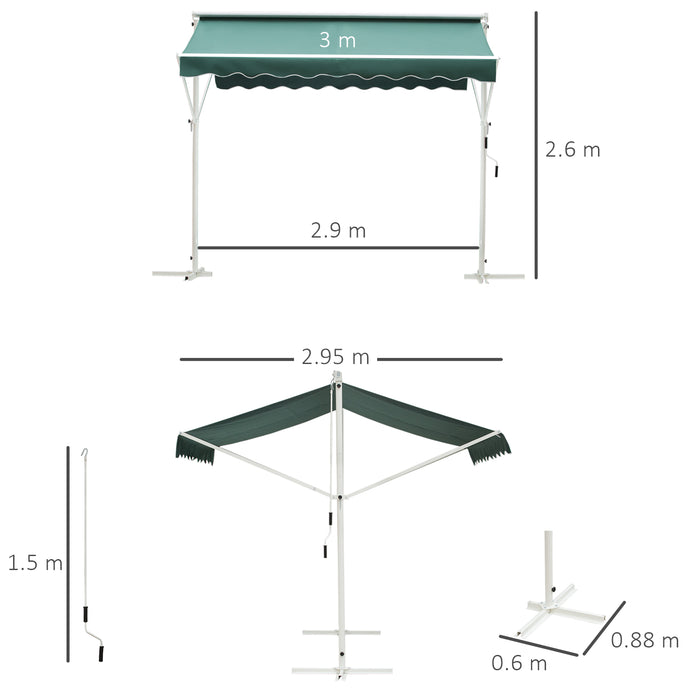 Adjustable Free-Standing Manual Awning - 2-Side Garden Canopy Shelter, 300 x 300 cm, Green/White - Ideal for Outdoor Entertainment & Sun Protection