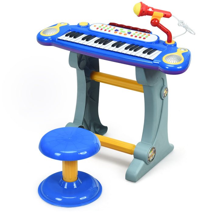 Children's Musical Instrument - 37 Keys Stand Keyboard with Microphone and Light in Blue & Pink - Ideal for Budding Young Musicians