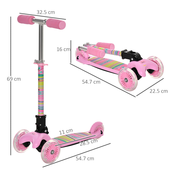 Kids Toddler 3-Wheel Scooter with Adjustable Height and Flashing Wheels - Foldable Kick Scooter for Easy Storage - Ideal for Boys and Girls Ages 3-8, Vibrant Pink Design
