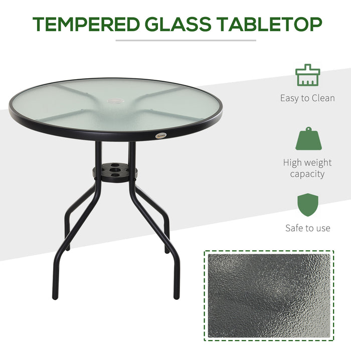 Outdoor Round Dining Table with Parasol Hole - Tempered Glass Top, 80cm Diameter Coffee Side Table - Ideal for Garden and Patio Entertaining