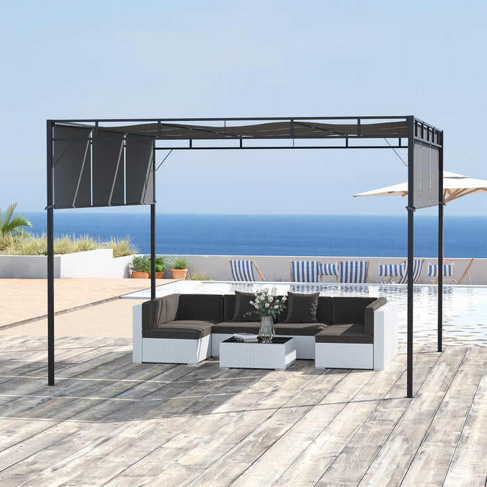 Steel Pergola Gazebo 3x3m - Garden Shelter with Retractable Roof Canopy, Dark Grey - Ideal for Outdoor Patio Relaxation and Entertaining