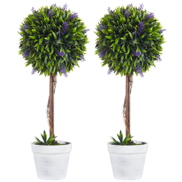 Artificial Plants Ball Trees with Lavender Flowers - Set of 2, Indoor/Outdoor Faux Decor, 60cm Tall - Elegant Home & Garden Accent