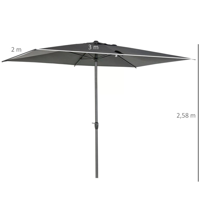 Aluminium Rectangular Patio Umbrella 3x2m - Garden Parasol with Crank Tilt Mechanism in Dark Grey - Ideal Sun Shade for Outdoor Comfort