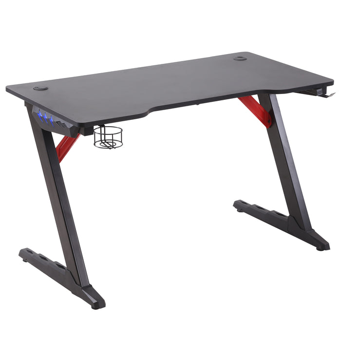 Gaming Desk with LED Ambiance - Z-Shaped Workstation with Built-in Cup Holder and Headphone Hook - Perfect for Home Office and Gaming Enthusiasts