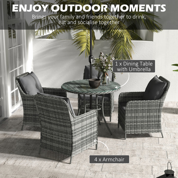 4 Seater Rattan Garden Dining Set with Tempered Glass Top - Includes Umbrella and Cushions for Outdoor Comfort - Perfect Patio Furniture for Family Meals and Entertaining