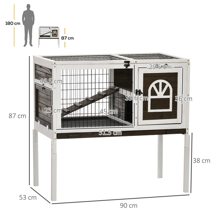 Elevated Wooden Hutch for Rabbits and Guinea Pigs - Roof-Opening Design, Ladder, Slide-out Tray, 90x53x87cm in Coffee Brown - Ideal Small Animal Shelter for Easy Cleaning & Comfort