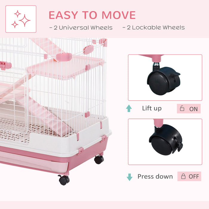 Multi-Level Small Pet Habitat with Wheels - 4-Tier Cage for Bunnies, Ferrets, Chinchillas - Easy Mobility & Cleaning with Removable Tray in Pink