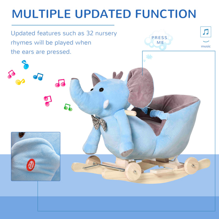 Plush Elephant Rocking Horse with Wheels for Toddlers - 2-In-1 Convertible Wood Base Rocker, 32 Melodies - Interactive Toy for Kids, Soft Plush Finish in Blue