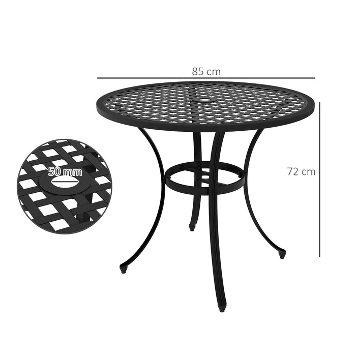 Cast Aluminium Bistro Table - 85cm Round Garden Table with Umbrella Hole, Patio Furniture - Ideal for Balcony & Poolside Settings, Black Finish