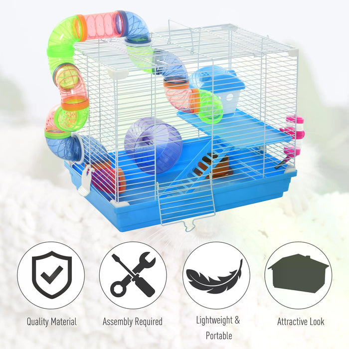 Blue 2-Tier Hamster Cage with Accessories - Small Animal Habitat with Exercise Wheels, Tunnel Tube, and Ladder - Ideal for Dwarf Mice and Hamster Comfort