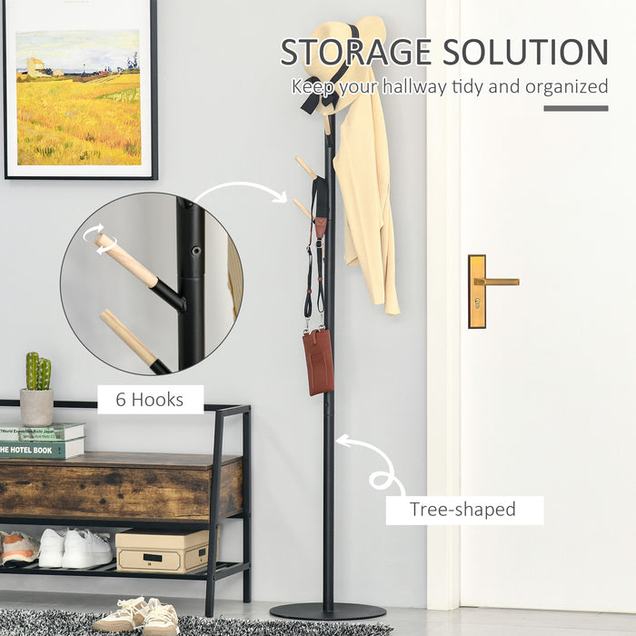 Free Standing 174cm Coat Rack Stand - 6 Hooks Clothes Tree Hat Display Organizer for Hallway and Bedroom - Space-Saving Hanger for Home and Office Use