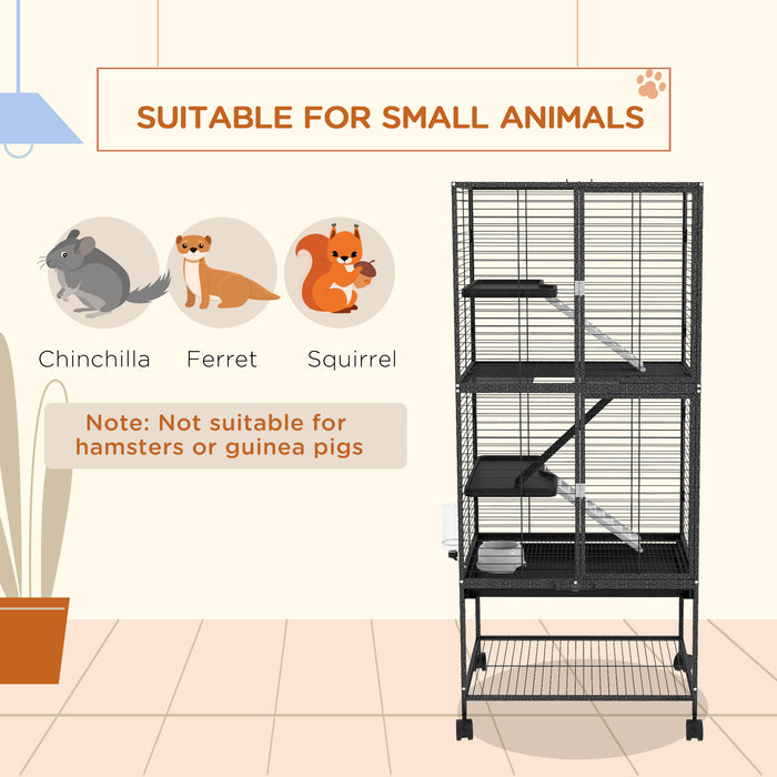 Rolling Chinchilla Cage with Accessories - Multi-Level Small Animal Habitat with 3 Access Doors, Storage Shelf & Removable Trays - Ideal for Ferrets, Includes Food Bowl & Water Bottle