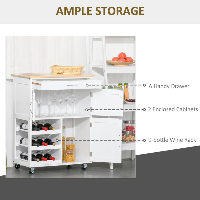 Modern Rolling Kitchen Trolley - Island Storage Cart with Drawer, Wine Rack, Cabinets, Wooden Countertop - Space-Saving Organizer for Home Chefs