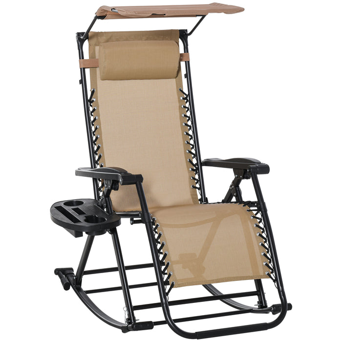 Outdoor Adjustable Sun Lounger - Folding Zero-Gravity Garden Rocking Chair with Headrest & Side Holder - Perfect for Patio Deck Relaxation, Beige