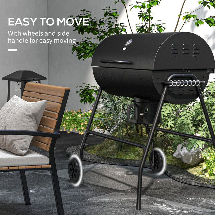 Barrel Charcoal BBQ Grill Trolley with Wheels - Outdoor Patio Cooking Station in Sleek Black - Ideal for Grilling Enthusiasts and Backyard Cookouts