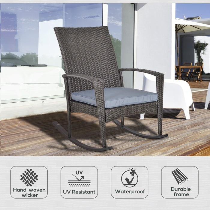 PE Rattan Rocking Chair with Cushion - Grey Outdoor Garden Furniture, Durable & Comfortable - Ideal for Patio Relaxation and Porch Lounging