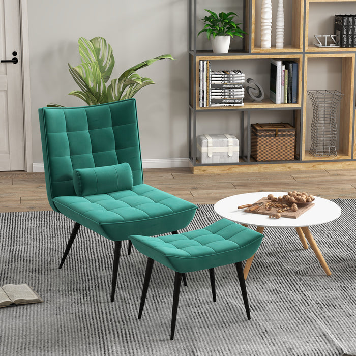 Modern Tufted Armless Accent Chair with Footstool - Upholstered Lounge Chair with Pillow and Steel Legs, Green - Perfect for Living Room Comfort