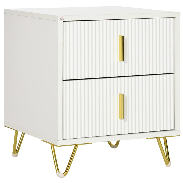 2-Drawer Bedside Table - Sleek White Nightstand with Sturdy Metal Frame - Ideal for Bedroom & Living Room Storage Solutions