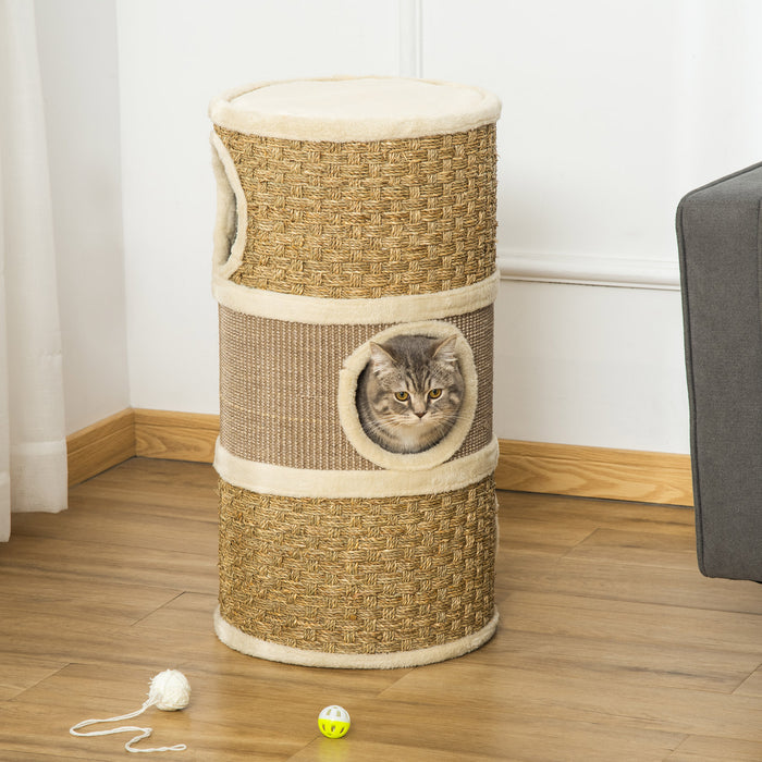 Kitten Tree Tower with Scratching Barrel - Pet Furniture Climbing Frame with Sisal and Seaweed Rope - Cozy Platform for Cats with Soft Plush Surface