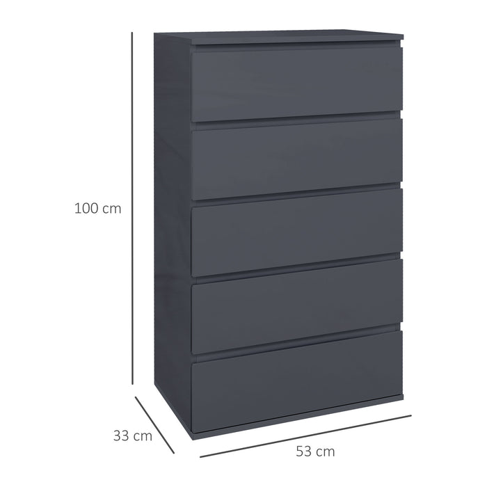 High Gloss Bedroom Dresser - Sleek 5-Drawer Storage Cabinet with Modern Aesthetics - Ideal for Organizing Clothes and Accessories