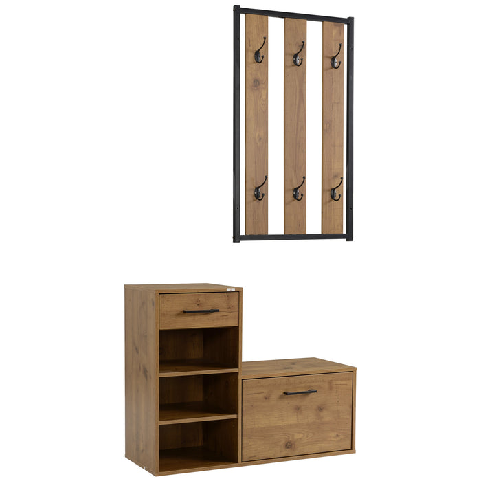 Hallway Organizer Combo - Coat Rack with Shoe Bench, 6 Hooks, Drawer, and Storage Cabinet - Stylish Black and Natural Finish for Home Entryway