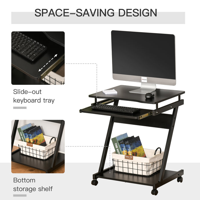 Compact Rolling Computer Desk with Sliding Keyboard Tray - 4 Smooth-Gliding Wheels for Easy Mobility - Ideal for Home Office, Gaming, and Study Workstation, Black