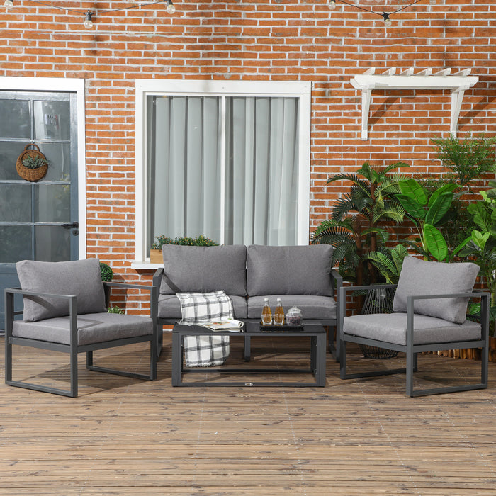 4-Piece Outdoor Lounge Set - Aluminum Patio Furniture with 2 Armchairs, Bench & Side Table, Grey Cushions - Ideal for Garden, Deck, and Poolside Entertaining