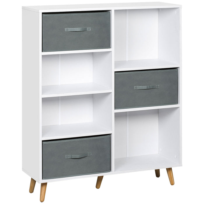 7-Cube Organizer with 3 Fabric Bins - Freestanding Storage Cabinet and Shelving Unit - Ideal for Home Office, Living Space, and Bedroom Clutter Control