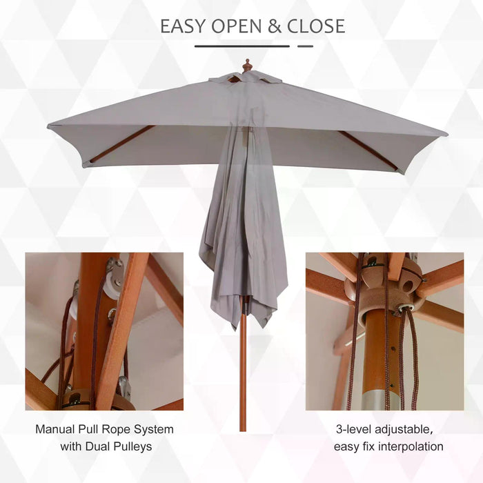 Extra Large Grey Patio Sun Umbrella - 2m x 1.5m Canopy, Fir Wooden Pole, 6 Ribs, Tilt Mechanism - Ideal for Garden, Backyard Shade & Outdoor Comfort