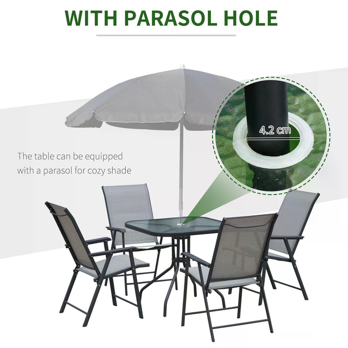 Classic 5-Piece Patio Ensemble - Foldable Steel Chairs & Glass-Top Table with Texteline Comfort - Outdoor Dining Set with Parasol Hole for Garden Spaces