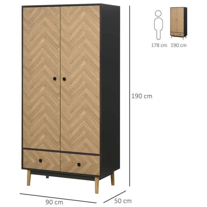 Modern Wood Grain Wardrobe with Storage - Cabinet Sticker Finish, Shelving, Hanging Rod, Dual Drawers - Spatial Solution for Clothes & Accessories, 90x50x190 cm