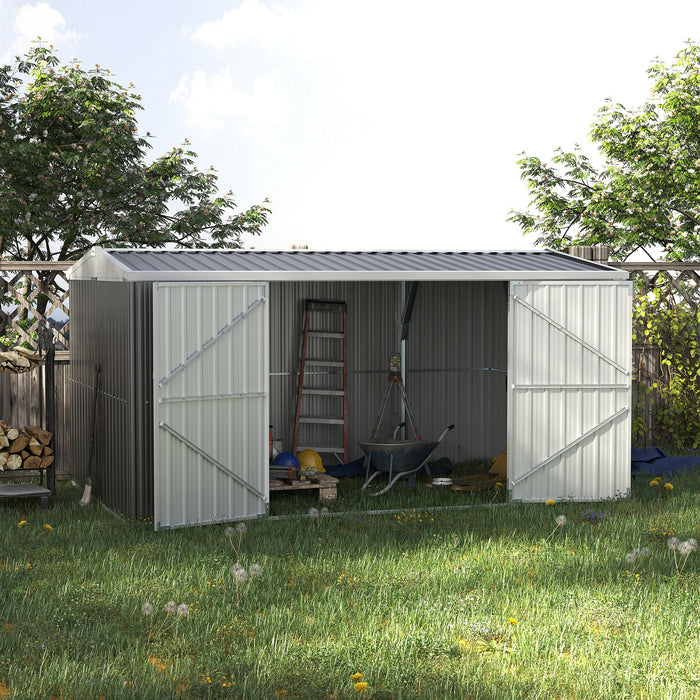 Large Patio Lockable Garden Shed - 14 x 9 ft Metal Storage Building with Foundation, Roofed Outdoor Tool Shed - Ideal for Equipment, Tools, and Outdoor Furniture Storage, Grey