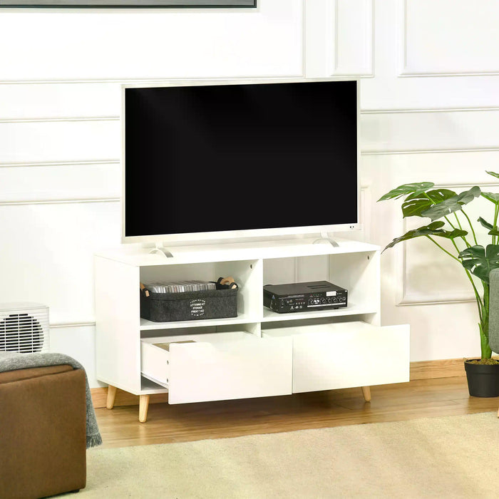 Modern White TV Stand - Shelving & Drawer Storage Media Entertainment Center - Sleek Design for Living Room Organization