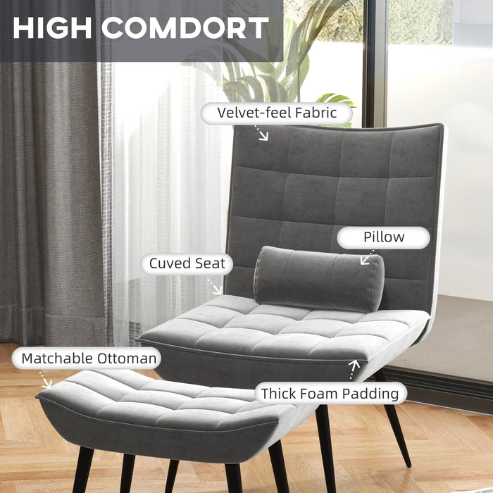 Modern Tufted Upholstered Armless Accent Chair - Includes Footstool and Pillow, Steel-Legged Lounge Set, Grey - Perfect for Relaxation and Home Decor Enhancement