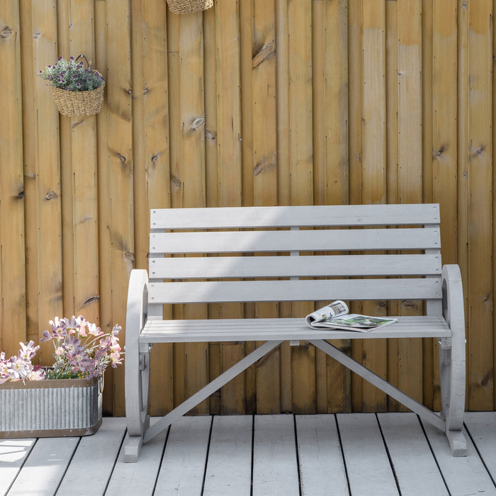 Outdoor 2-Seater Garden Bench with Cart Wagon Wheel Design - Rustic Wooden Armrest Chair, High Back in Grey - Ideal for Patio and Garden Relaxation