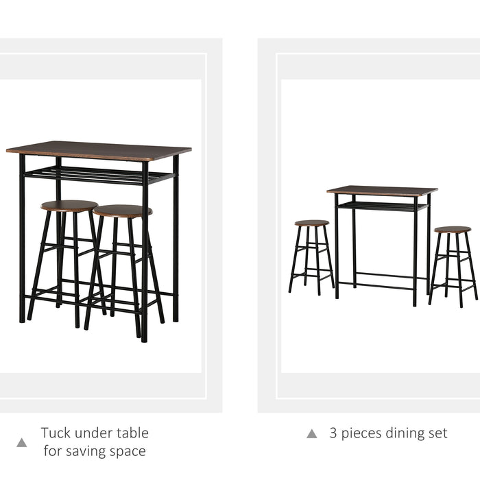 Bar Table and Stools Combo - Industrial Style Set with Storage Shelf and Metal Frame Footrest - Perfect for Kitchen, Dining Room, Pub, or Cafe Spaces in Black and Oak