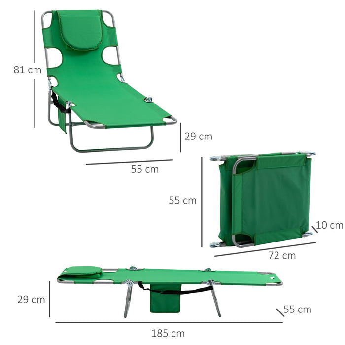 Portable Beach Chaise Lounge with Face Hole & Arm Rests - Reclining Sun Chair with Face Cavity for Patio, Garden, Poolside Comfort - Ideal for Sunbathing and Relaxation, Green