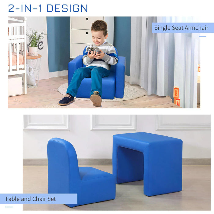 Kids Mini Sofa 3-in-1 - Multi-Functional Table and Chair Set, Children's Armchair Seat for Relaxation and Play - Ideal for Girls and Boys, Playroom Furniture in Chic Blue